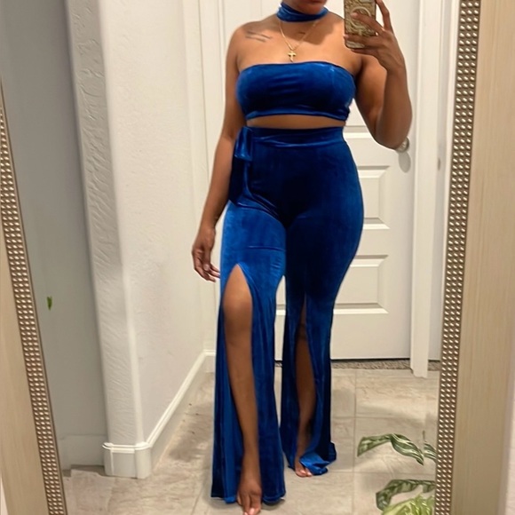 2 piece velvet pants set crop top and pants - BLUE - Picture 2 of 16